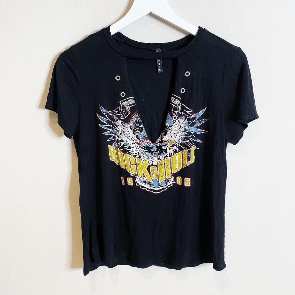 Rock & Roll Black Cut Out Stud Choker Band T-Shirt